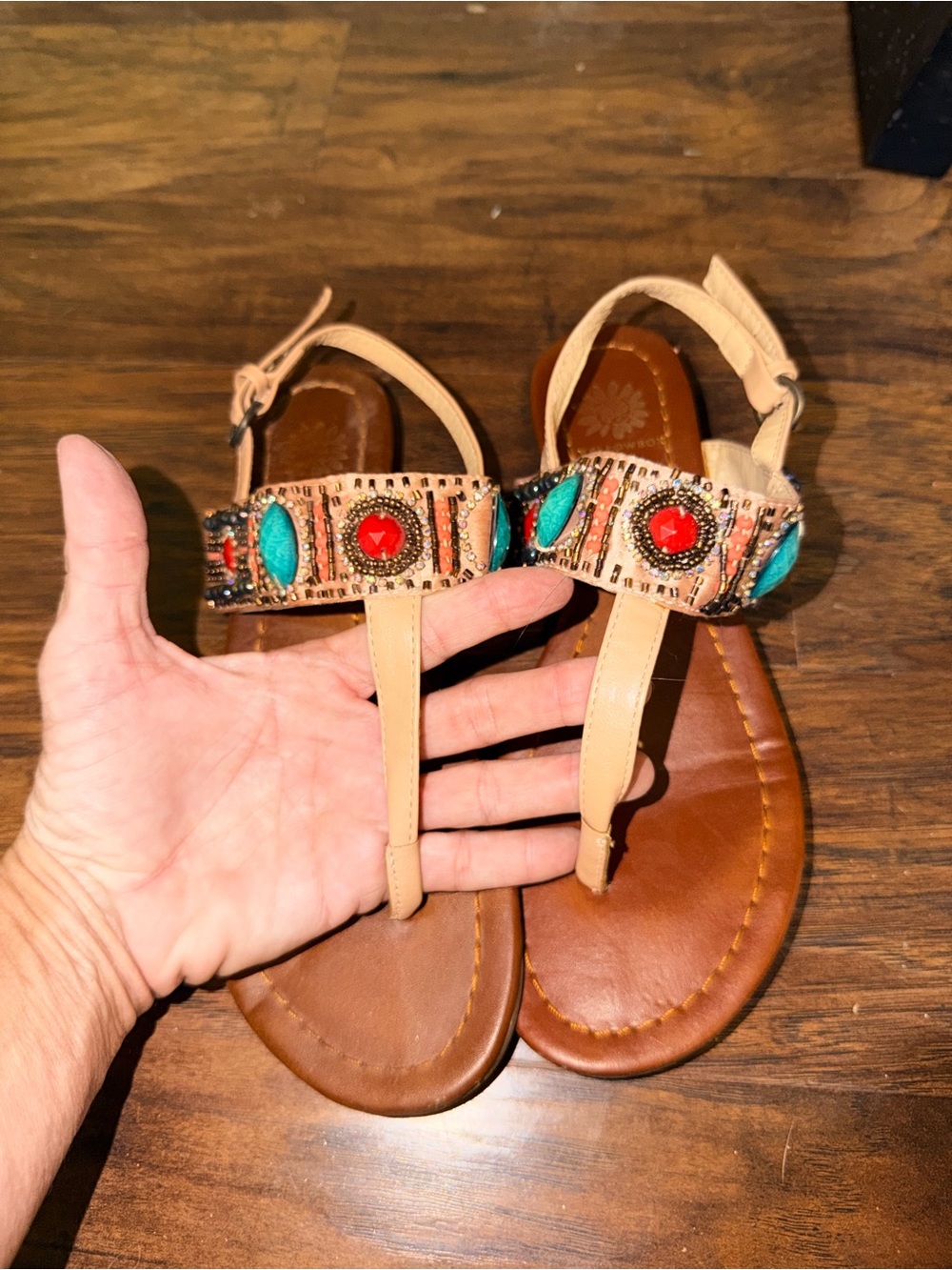 Source Unknown Tan Sandals with Turquoise & Red Beaded Accents